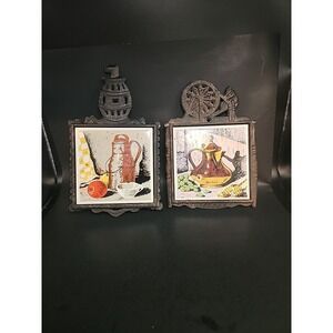 Set Of 2 Enesco Vintage Cast Iron Trivets W/Tile Centers Kettle & Pitcher Scenes